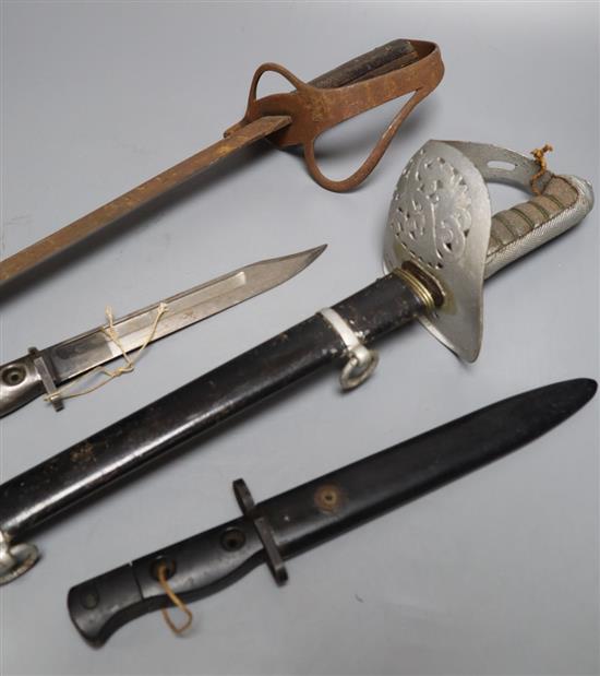 An Edward VII officers dress sword, 103cm (repainted) a 19th century Continental sabre sword and two 20th century bayonets